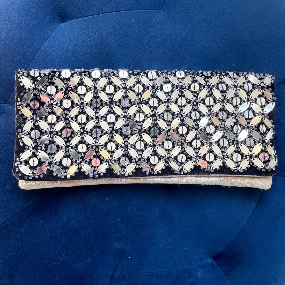 Vintage Tory Burch Silver Leather Clutch with Black and Silver Beaded Embroidery